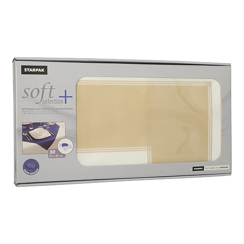 Eine rechteckige Schachtel mit der Aufschrift „Starpak Soft Selection Plus“ enthält 20 stoffähnliche Vlies-Mitteldecken im Format 80 x 80 cm. Die Verpackung verfügt über ein Sichtfenster, durch das die gefalteten Mitteldecken im Inneren sichtbar sind.