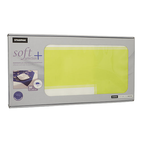 Eine rechteckige Starpak-Box mit der Aufschrift „soft selection plus“ enthält 20 gelb-weiße Mitteldecken-Servietten (80x80 cm, stoffähnlich Vlies), wobei durch ein transparentes Fenster auf der Vorderseite eine gefaltete Serviette sichtbar ist.