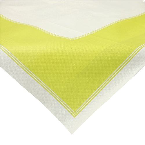 Eine Nahaufnahme der Starpak 20 Mitteldecken-Tischdecke (80x80 cm) aus der Linie „soft selection plus“ aus stoffähnlichem Vlies mit breiter gelber Bordüre und zwei dünnen weißen Linien am Rand. Die Ecke ist zu sehen.