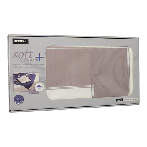 Abgebildet ist eine rechteckige Schachtel mit Starpak 20 Mitteldecken, stoffähnlich, Vlies „soft selection plus“ (80 x 80 cm), stoffähnlich. Die stoffähnlichen Servietten sind durch ein transparentes Fenster auf der Vorderseite der Verpackung sichtbar.