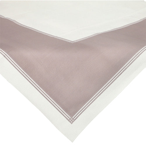 Eine Starpak 20 Mitteldecken-Tischdecke, 80x80 cm, stoffähnlich, aus der Vlies-Kollektion „soft selection plus“ – weiß mit taupefarbener Bordüre und doppelten weißen Streifen – abgebildet über eine Tischecke drapiert.
