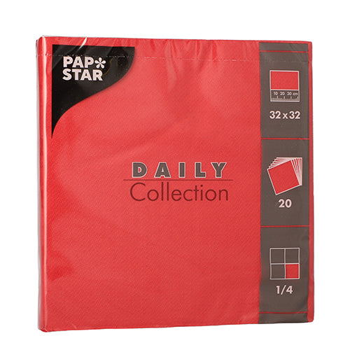 Eine Packung mit 20 Servietten der PAPSTAR GmbH aus der „DAILY Collection“, 1/4-Falz, 32x32 cm, rot. Die Verpackung enthält Symbole und Text mit allen wichtigen Details.