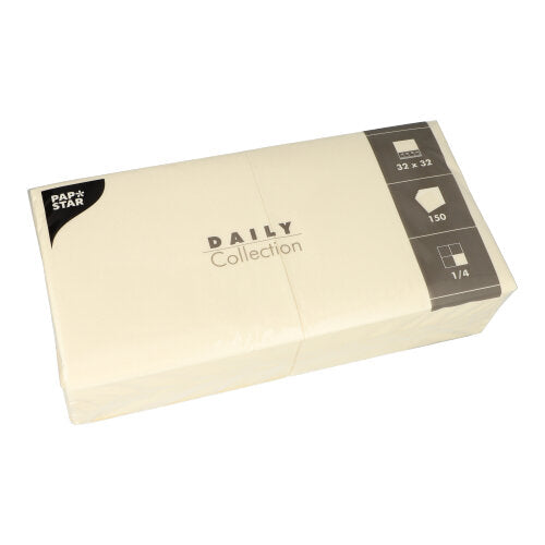 Eine versiegelte Packung mit 150 PAPSTAR Servietten „DAILY Collection“ der PAPSTAR GmbH, 32 x 32 cm mit praktischem 1/4-Falz, ist im Lieferumfang enthalten.