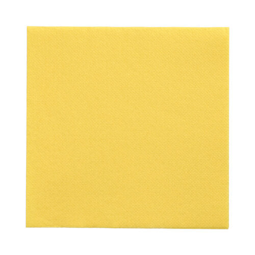 Eine PAPSTAR 150 Servietten „DAILY Collection“ 1/4-Falz-Serviette (32 x 32 cm) der PAPSTAR GmbH wird flach und ungefaltet, gelb und quadratisch, auf weißem Untergrund mit sichtbarer Oberflächenstruktur präsentiert.