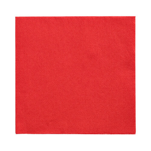 Eine einzelne quadratische rote 1/4-Falz-Serviette (32x32 cm) der PAPSTAR GmbH (150 Servietten „DAILY Collection“) auf weißem Hintergrund, von oben betrachtet.