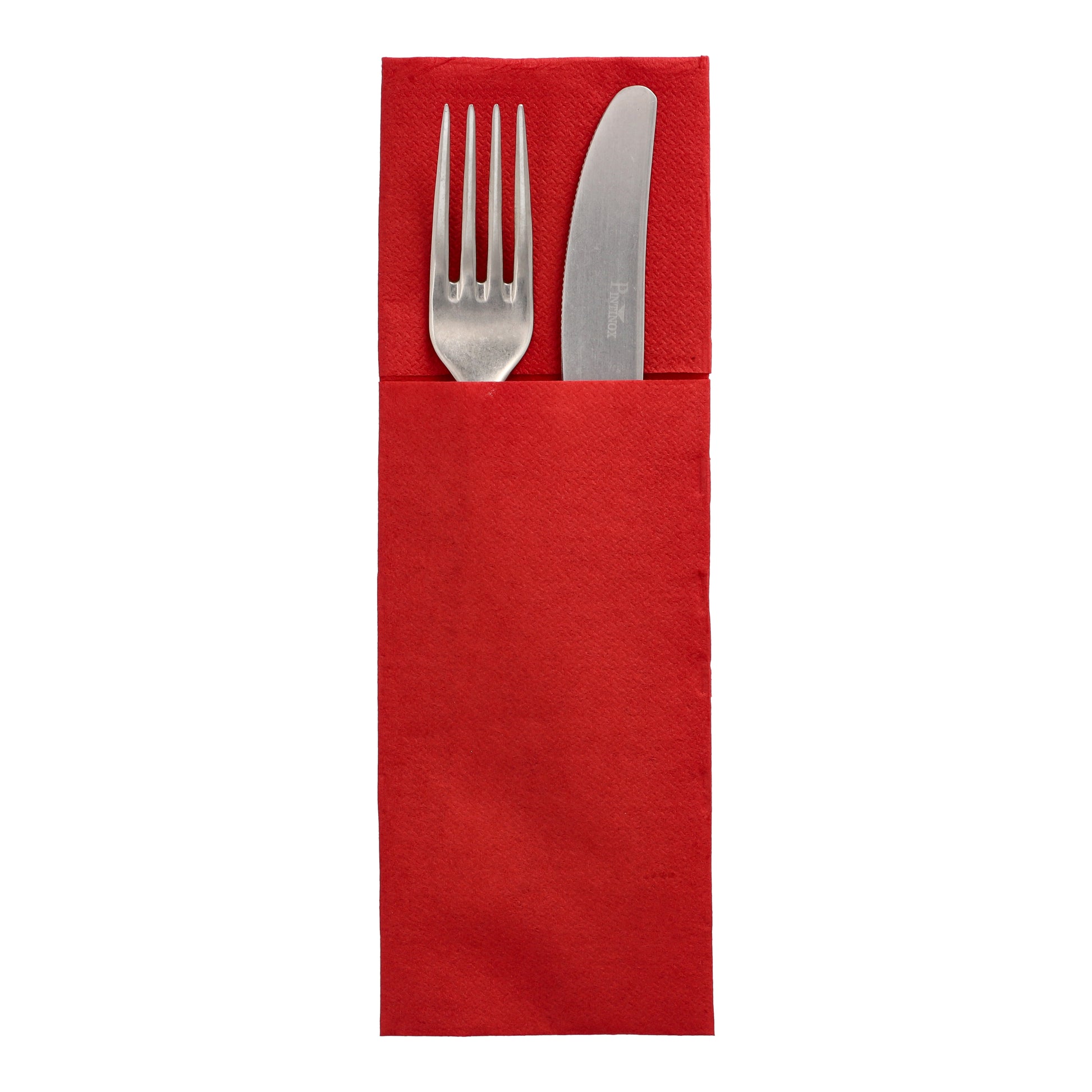 Ein Gabel- und Messerbänkchen aus Metall nebeneinander in einer 50er-Servietten-Serviette „DAILY Collection“ 48 x 30 cm mit Besteckfalz der PAPSTAR GmbH, wobei die Utensilien teilweise vor einem weißen Hintergrund sichtbar sind.