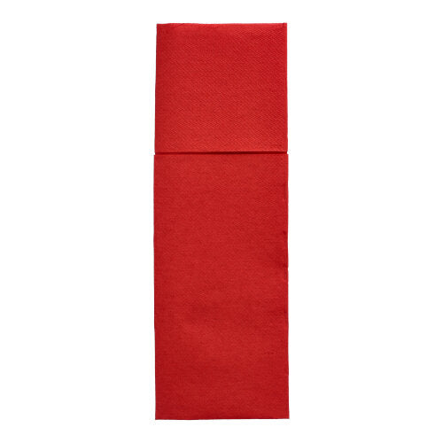 Eine sauber gefaltete rote PAPSTAR 50 Servietten „DAILY Collection“ (48 x 30 cm, Besteckfalz) der PAPSTAR GmbH präsentiert sich als langes Rechteck mit einer oberen Falte auf weißem Untergrund.