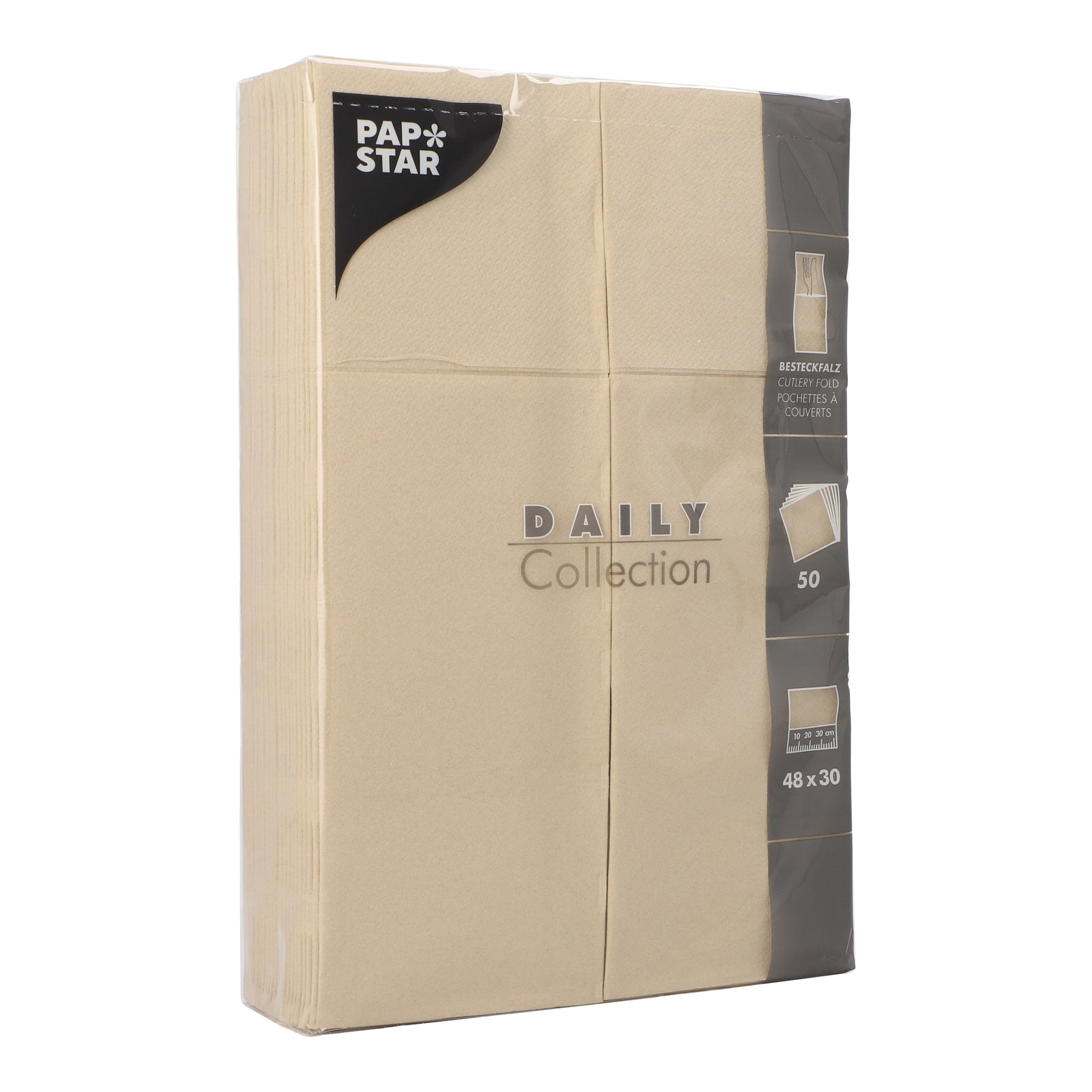 Eine Packung mit 50 PAPSTAR Servietten „DAILY Collection“ (48 x 30 cm, Besteckfalz) der PAPSTAR GmbH, mit Produktbildern auf der Verpackung.
