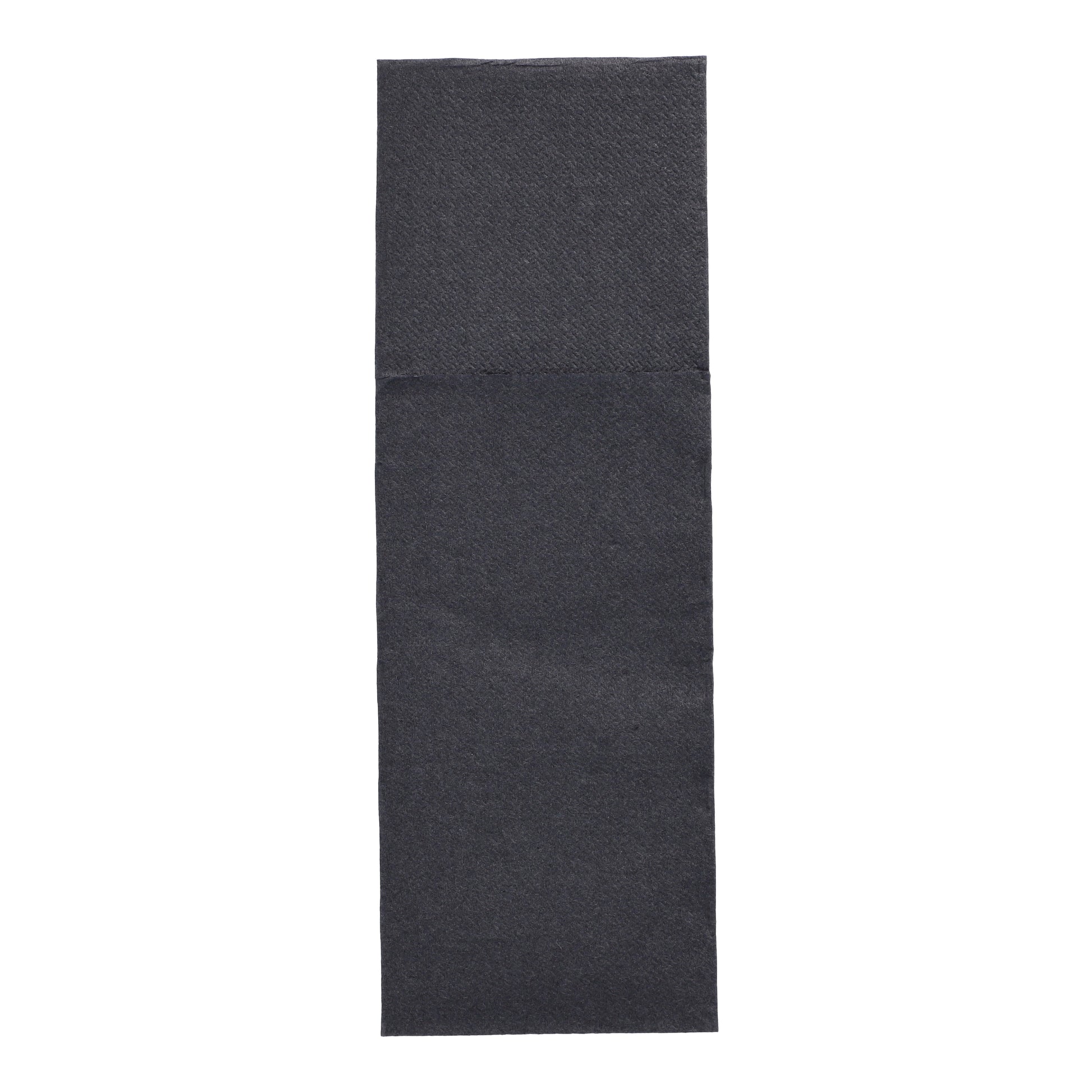 Eine dunkelgraue PAPSTAR 50 Servietten „DAILY Collection“ (48x30 cm, Besteckfalz) der PAPSTAR GmbH liegt flach auf einem weißen Hintergrund und ist oben horizontal gefaltet, sodass zwei unterschiedliche Abschnitte entstehen.