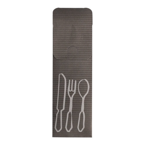 Die PAPSTAR 100 Bestecktaschen (23,5 x 7,3 cm) der PAPSTAR GmbH sind schwarze Hüllen mit weiß umrandetem Besteck, einer Lasche oben und inklusive einer farbigen Bistro-Serviette – perfekt für die stilvolle Gastro- oder Bistro-Tafelgestaltung.