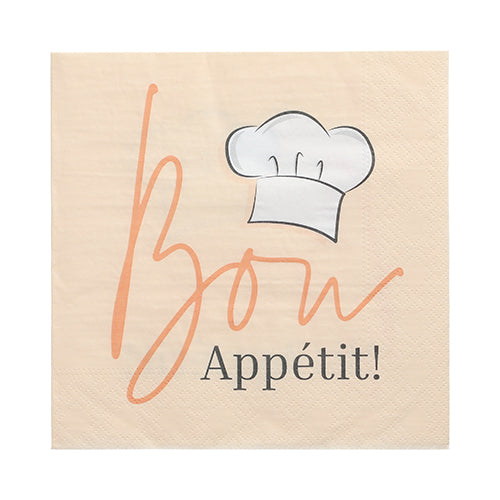 PAPSTAR GmbH 3-lagige beige Servietten (33x33 cm) mit „Guten Appetit!“ in orange/schwarz und Kochmütze-Illustration, 1/4-Falz, hochwertige Qualität, 30 Stück.