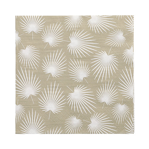 Die 3-lagigen Servietten (33 x 33 cm, 1/4-Falz) der PAPSTAR GmbH sind in der Farbe Beige mit weißem Palmenwedel-Muster erhältlich und bieten eine hochwertige Oberfläche; 30 Stück im Paket.