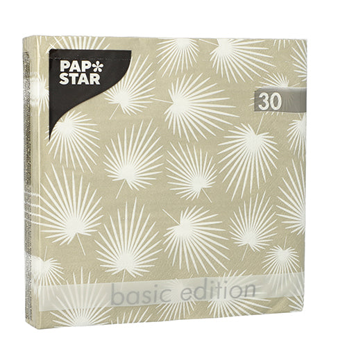 Eine Packung mit 30 PAPSTAR Servietten, 3-lagig, 1/4-Falz (33 cm x 33 cm) von der PAPSTAR GmbH, beige mit weißem Palmblattmuster und in transparenter Folie verpackt.