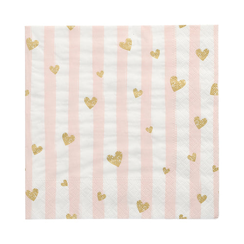 PAPSTAR 3-lagige quadratische Servietten (33x33cm) mit hellrosa-weißen Streifen und goldenem Glitzerherzenmuster – perfekt für jeden stilvollen Anlass. 30er-Packung von der PAPSTAR GmbH.