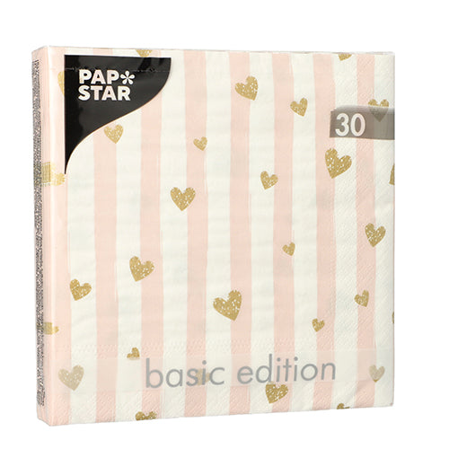 Eine Packung mit 30 PAPSTAR Servietten, 3-lagig, 1/4-Falz, 33 x 33 cm, von der PAPSTAR GmbH. Mit vertikalen rosa Streifen, goldenen Glitzerherzen und dem Schriftzug „Basic Edition“. Die Menge (30) wird oben rechts angezeigt.