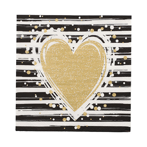 Die PAPSTAR 30 Servietten (3-lagig, 1/4-Falz, 33x33 cm) von PAPSTAR GmbH zeigen ein goldfarbenes Herz mit weißen und goldenen Sprenkeln auf schwarz-weiß gestreiftem Hintergrund – ideal für stilvolle Anlässe.