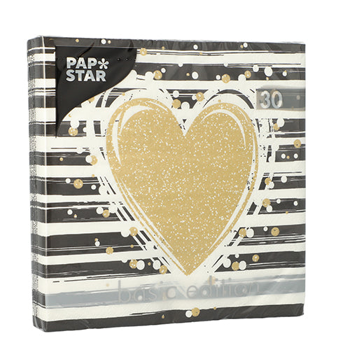 Eine quadratische Packung der PAPSTAR GmbH beinhaltet 30 3-lagige Servietten (33x33 cm) der „Basic Edition“ mit schwarz-weißem Streifenmuster, großem goldenen Herzen und goldenen Punkten.
