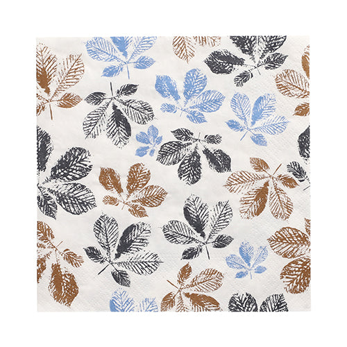 Die 30 Servietten (3-lagig, 1/4-Falz, 33 x 33 cm) der PAPSTAR GmbH haben einen weißen Hintergrund mit schwarzen, braunen und hellblauen Blattdrucken in unterschiedlichen Ausrichtungen für eine elegante Note.