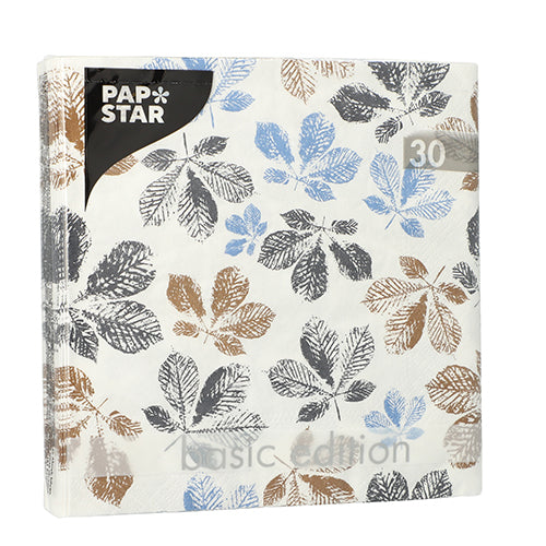 PAPSTAR GmbH 30 Servietten, 3-lagig, 1/4-Falz (33x33 cm) mit Blätterdruck in Braun, Schwarz und Blau auf Weiß; transparent verpackt mit „Basic Edition“-Etikett.