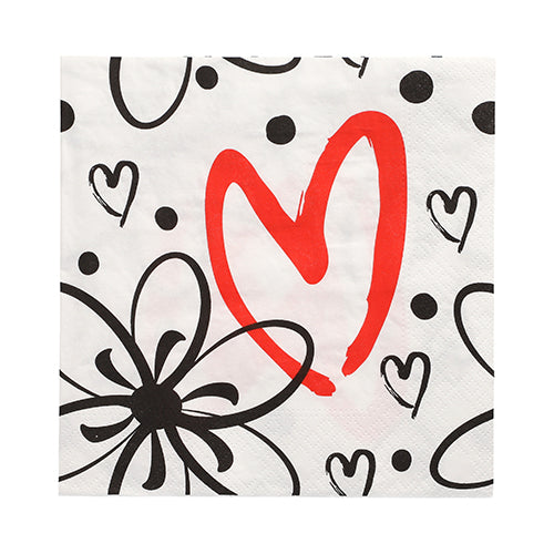 Die 30 Servietten im 3-lagigen 1/4-Falz (33 x 33 cm) der PAPSTAR GmbH bestechen durch ihren weißen Hintergrund mit schwarzen Kritzelblumen, Herzen, Punkten und einem großen roten Herz und verleihen jedem gedeckten Tisch Charme.