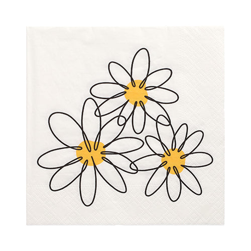 Die 30 PAPSTAR Servietten, 3-lagig 1/4-Falz 33 cm x 33 cm, der PAPSTAR GmbH, bestechen durch ihr weißes Design mit drei großen gänseblümchenartigen Blüten, schwarzen Konturen und gelben Mitten. Die dreilagige Konstruktion sorgt für besonders weiche und strapazierfähige Servietten.