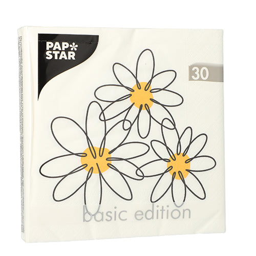 Eine Packung 30 Servietten der PAPSTAR GmbH, 3-lagig 1/4-Falz, jede Serviette misst 33 cm x 33 cm.