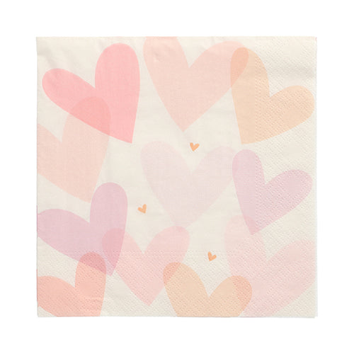 Die PAPSTAR 20 Servietten, 33x33 cm, von PAPSTAR GmbH sind quadratische 3-lagige Servietten mit weißem Hintergrund und überlappenden rosa, pfirsichfarbenen und lila Herzen sowie drei kleinen orangefarbenen Herzen in der Mitte (Design Set 2).