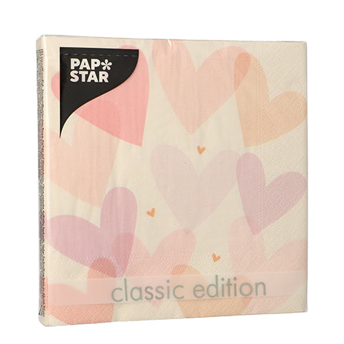 Eine Packung PAPSTAR 20 Servietten, 33 cm x 33 cm, 3-lagig, 1/4-Falz, Design Set 2 der PAPSTAR GmbH zeigt überlappende pastellfarbene Herzen in Rosa-, Lila- und Orangetönen.