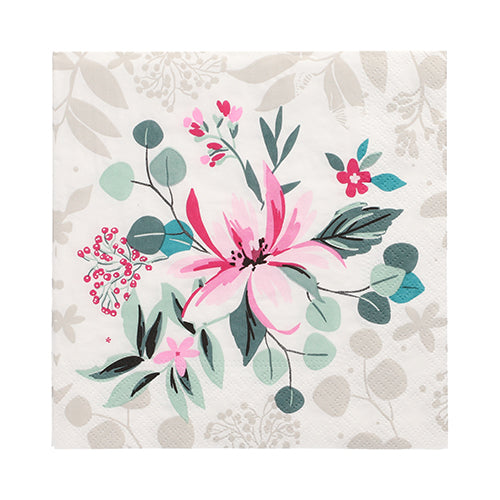 Die PAPSTAR 20 Servietten, 33 cm x 33 cm, 3-lagig von PAPSTAR GmbH zeigen eine aquarellierte rosa Blume mit grünen Blättern und kleinen roten Blüten auf einem beigen Hintergrund mit dezentem Blattmuster. Design Set 2.