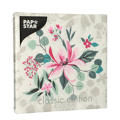 Eine Packung PAPSTAR GmbH 20 Servietten, 33x33 cm, 3-lagig, Design Set 2 Servietten mit einem rosa-roten Blumenmuster und grünen Blättern auf weiß; teilweise transparente Verpackung zeigt das Design.