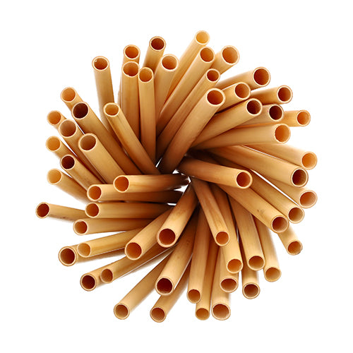 Ein Bundle PAPSTAR 100 Cocktail Trinkhalme „pure“ aus Schilf (Ø 7 mm, 15 cm) der Marke PAPSTAR GmbH, biologisch abbaubar, in Faltschachtel – von oben kreisförmig auf weißem Hintergrund arrangiert.