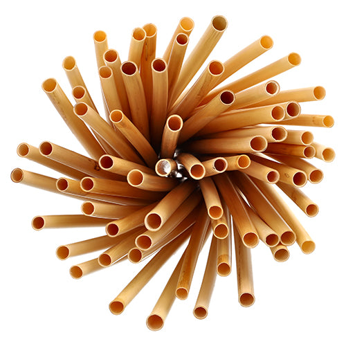 Eine Draufsicht auf die PAPSTAR 100 Trinkhalme Schilf „pure“ (Ø 7 mm, 20 cm), kreisförmig angeordnet mit den offenen Enden nach oben auf weißem Hintergrund. Diese biologisch abbaubaren Strohhalme der PAPSTAR GmbH bieten eine nachhaltige Trinklösung.