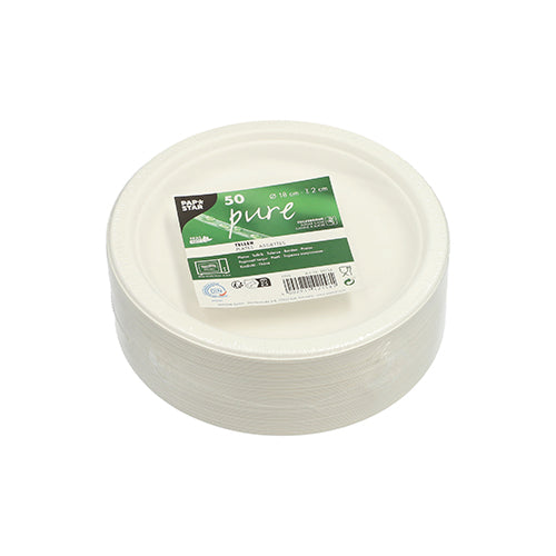 Ein 50er-Pack PAPSTAR Teller aus Zuckerrohr von PAPSTAR GmbH mit grünem "pure"-Label, Produktdetails und umweltfreundlichen Symbolen auf schlicht weißem Hintergrund.