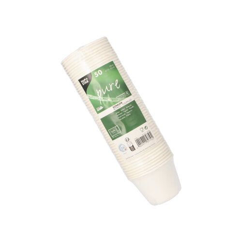 Abgebildet ist eine Packung mit 50 weißen PAPSTAR „pure“ Zuckerrohrschalen der PAPSTAR GmbH, verpackt in durchsichtigem Kunststoff mit einem grün-weißen Etikett mit Produktdetails und Barcodes.