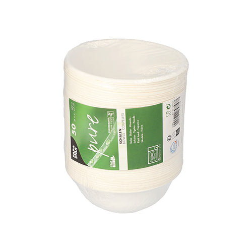 Ein 50er-Pack PAPSTAR Schalen aus nachhaltigem Zuckerrohr, weiß, biologisch abbaubar und umweltfreundlich, in Folie mit grün-weißem Etikett von PAPSTAR GmbH verpackt.