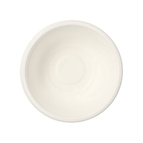 Eine schlichte, runde weiße Schale von oben gesehen vor weißem Hintergrund, ähnlich PAPSTAR 50 Schalen aus biologisch abbaubarem Zuckerrohr „pure“ weiss von PAPSTAR GmbH.