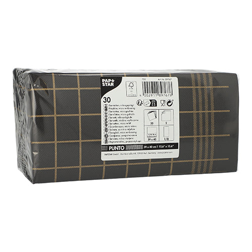 Die rechteckige PAPSTAR-Packung enthält 30 doppellagige Küchenservietten „PUNTO“ (39 x 40 cm, 1/8-Falz, mikrogeprägt) im schwarz-goldenen Karo-Design und enthält ein Etikett mit Gebrauchs- und Entsorgungshinweisen.