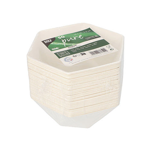 Ein Paket PAPSTAR 50 weiße, sechseckige Schalen „Diamond“ aus Zuckerrohr (400 ml, 5x16x14 cm), biologisch abbaubar und in Schrumpffolie verpackt, trägt ein grün-weißes Etikett mit der Stückzahl.