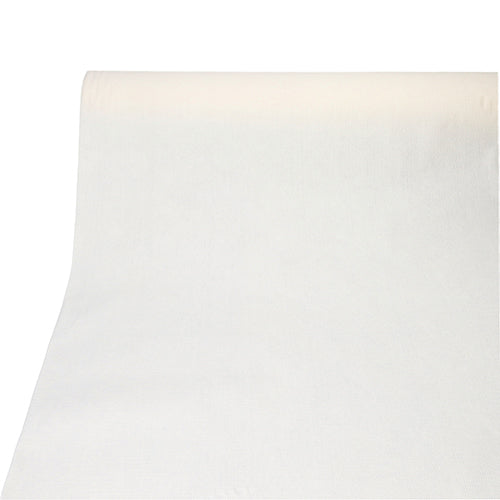 Eine Rolle PAPSTAR Tischdecke, stoffähnlich, PV-Tissue Mix „ROYAL Collection“ (20 m x 1,18 m) der PAPSTAR GmbH ist glatt auf einer weißen Fläche ausgerollt und hat nach unten hin einen unifarbenen weißen Hintergrund.
