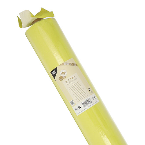 Eine Rolle PAPSTAR Tischdecke, stoffähnlich, PV-Tissue Mix „ROYAL Collection“ (20 m x 1,18 m) von der PAPSTAR GmbH mit einem beigen Etikett mit Produktdetails und Barcodes; teilweise ausgerollt zur Präsentation.