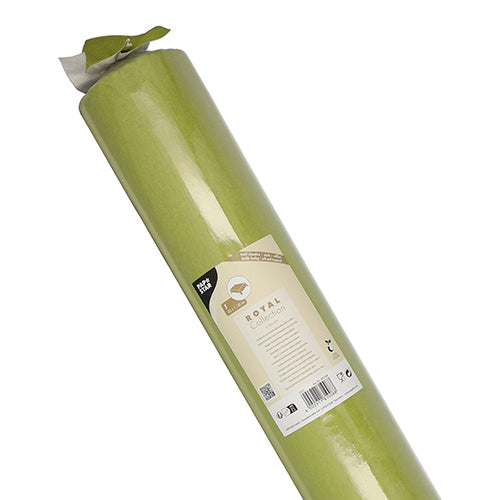 Eine Rolle PAPSTAR Tischdecke, stoffähnlich, PV-Tissue Mix „ROYAL Collection“ (20m x 1,18m) der PAPSTAR GmbH ist hochkant in hellgrün mit glänzender Oberfläche abgebildet. Ein beiges Etikett mit Produktdetails ist angebracht; die Oberseite der Rolle ist leicht ausgepackt.