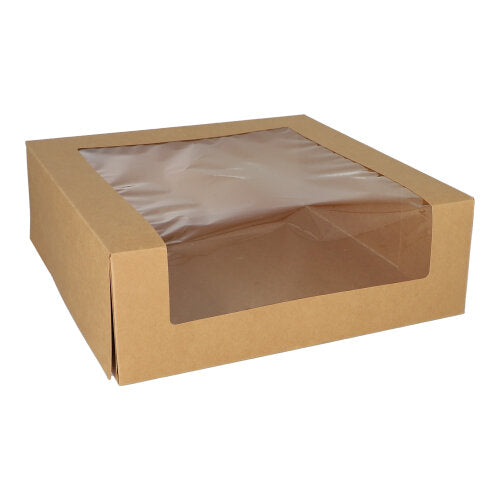 Die 25 Tortenkartons mit Deckel der PAPSTAR GmbH verfügen über ein Sichtfenster aus umweltfreundlichem PLA – ideal zum Verpacken von Kuchen oder Gebäck. Der Karton ist geschlossen und leer.