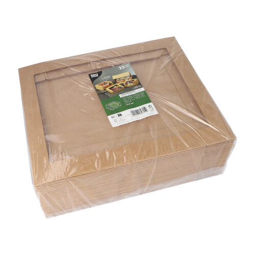 25 PAPSTAR Tortenkartons eckig mit PLA-Sichtfenster, umweltfreundlich, im Kunststoff verpackt und mit Produktetikett – von PAPSTAR GmbH.