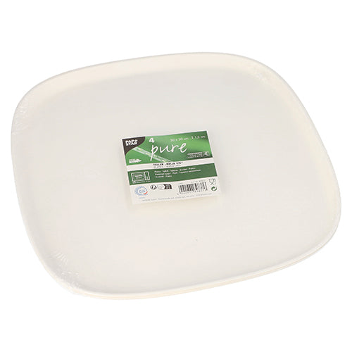 Ein Stapel weißer, quadratischer PAPSTAR 4 Teller aus Zuckerrohr „pure“ Belle Vie, Ligne Carrée von PAPSTAR GmbH, hygienisch in Plastik verpackt mit grün-weißem Label mit Produktinformationen in der Mitte.