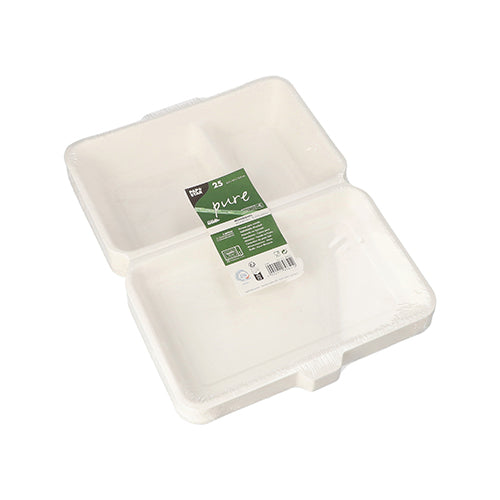 Eine weiße, rechteckige PAPSTAR GmbH Menübox aus Zuckerrohr „pure“ ist geöffnet und zeigt ein grünes „pure“-Etikett mit Produktinformationen. Produkt: PAPSTAR 25 Menüboxen, Zuckerrohr „pure“ weiss.