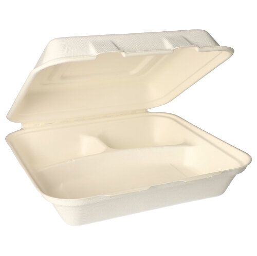 Die PAPSTAR 25 Menüboxen aus weißem Zuckerrohr von PAPSTAR GmbH sind rechteckige, kompostierbare Takeout-Behälter mit offenem Deckel und leerem, unterteiltem Innenraum – perfekt für umweltfreundliches Take-Away und Catering.