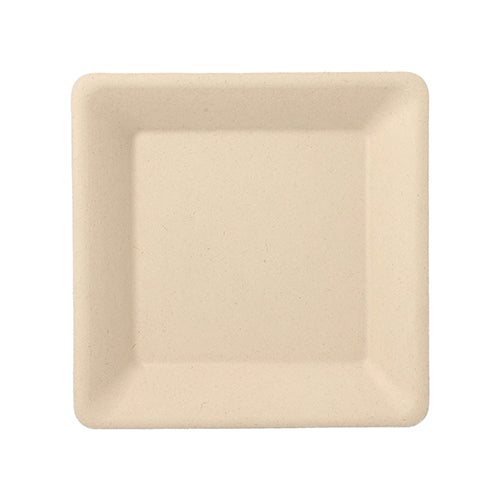 Der langlebige quadratische Einwegteller PAPSTAR 50 Teller, Zuckerrohr „pure“ von PAPSTAR GmbH in Beige mit leicht erhöhtem Rand ist vor weißem Hintergrund von oben fotografiert.