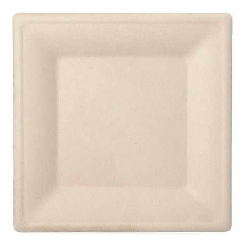Der PAPSTAR 50 Teller, Zuckerrohr „pure“ von PAPSTAR GmbH ist ein schlicht quadratischer, kompostierbarer Einwegteller in Beige mit erhöhten Rändern – ideal für nachhaltige Ansprüche und umweltbewusstes Servieren.