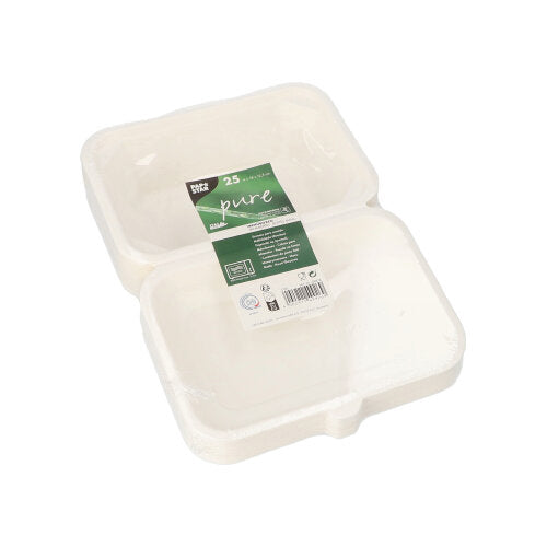 Eine Packung mit 25 weißen PAPSTAR Menüboxen aus Zuckerrohr „pure“ von PAPSTAR GmbH, nachhaltig und umweltfreundlich, mit grün-weißem Etikett, leicht geöffnet für Take-Away und Catering gezeigt.