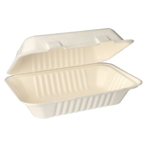 Die PAPSTAR 25 Menüboxen, Zuckerrohr „pure“ weiss der PAPSTAR GmbH sind rechteckige, biologisch abbaubare Take-away-Behälter mit Klappdeckel – ideal für umweltbewusstes Catering und nachhaltigen Take-away.